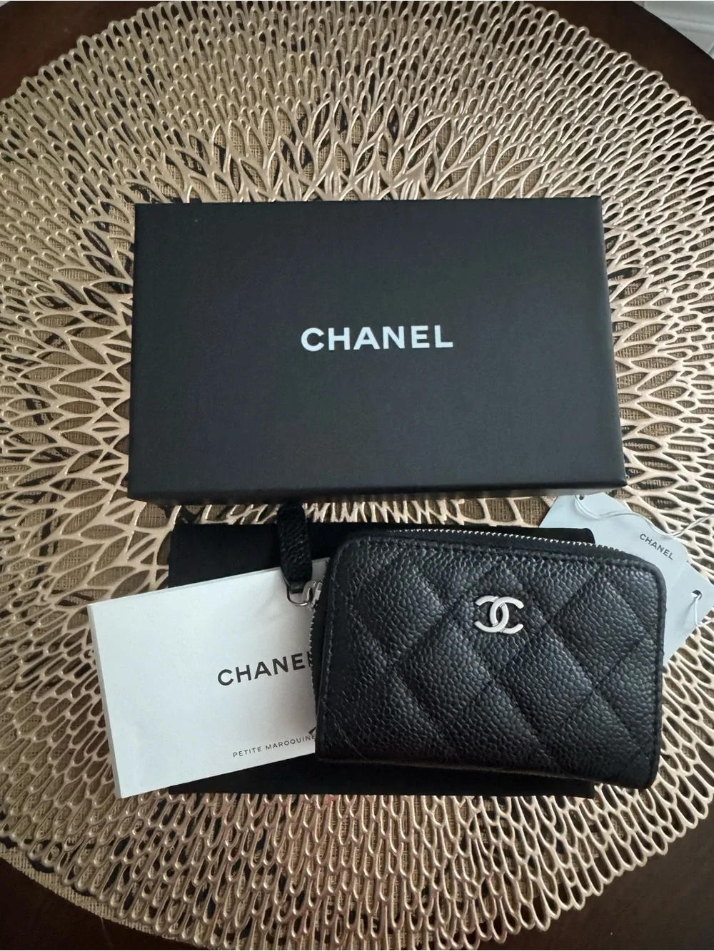 CHANEL Black Quilted Caviar Leather Zip Card Wallet with Silver CC